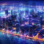 Futuristic illuminated city skyline with interconnected data lines and digital overlays.