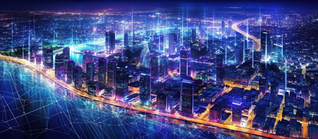Futuristic illuminated city skyline with interconnected data lines and digital overlays.