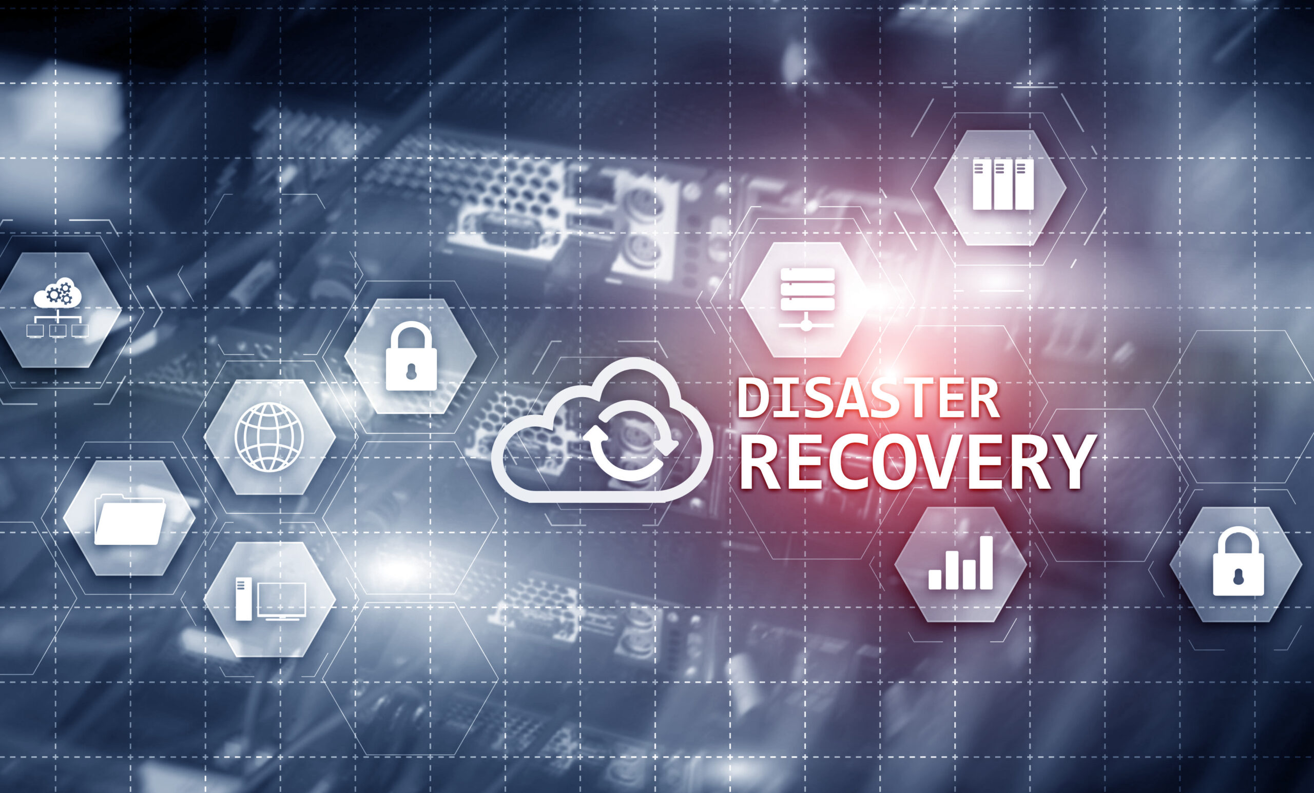 Digital grid highlighting disaster recovery icons with an emphasis on cloud storage and protection.