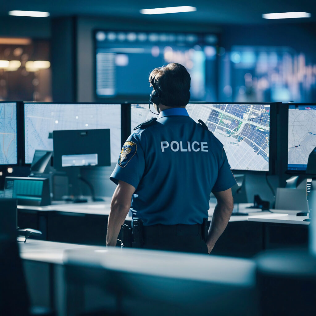Policeman monitoring digital screens in a high-tech command center.