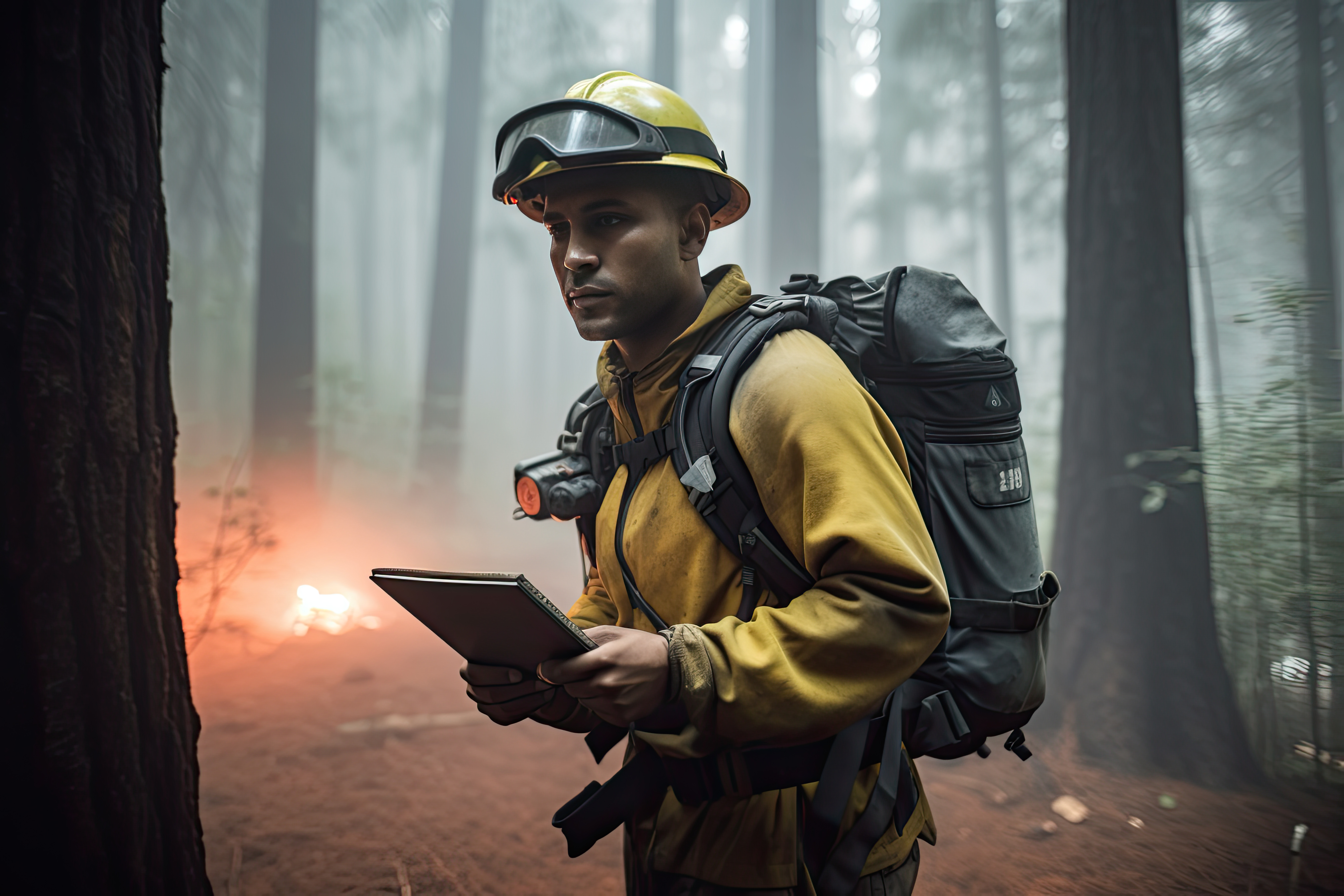 A firefighter holding a tablet amidst a foggy forest, ready to combat wildfires with advanced technology.