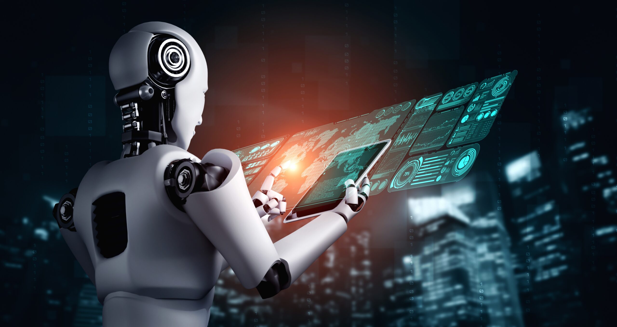 Advanced robot with interactive digital interfaces in a technology-driven environment.