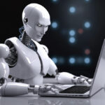 Advanced humanoid robot analyzing data on a laptop with a futuristic interface.