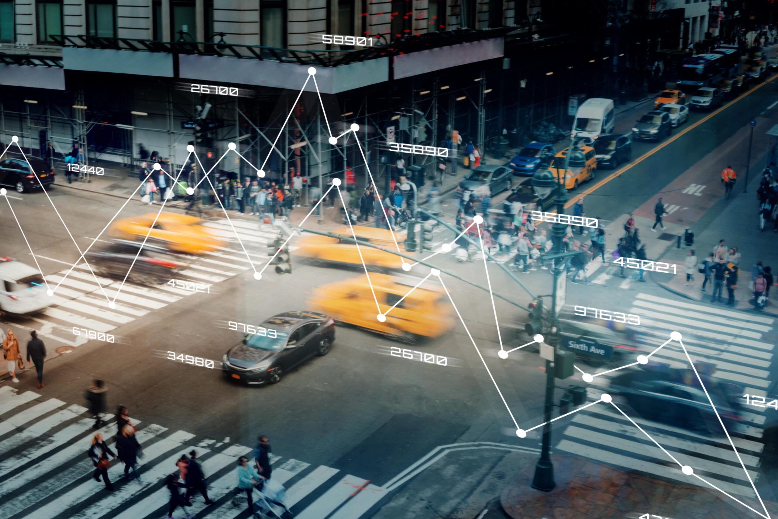 City intersection with overlay of digital data points